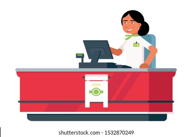 Cashier at checkout flat vector illustration. Smiling female saleswoman at cash desk in supermarket cartoon character. Sales clerk, shop assistant in uniform. Retail service, grocery store employee