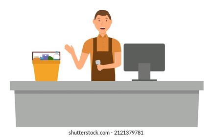 Cashier at the checkout punches the goods. Work related to customer service.
