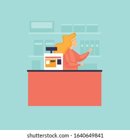 Cashier at the checkout. Score. Flat design vector illustration.