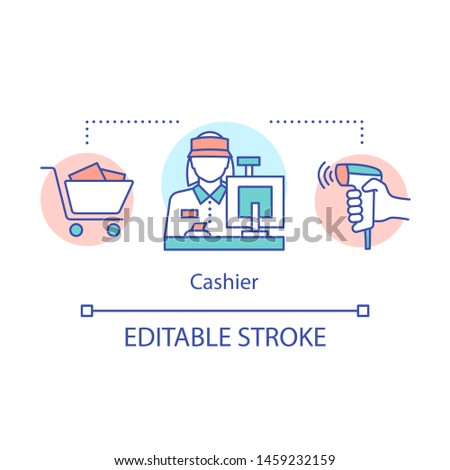 Cashier concept icon. Retail store staff idea thin line illustration. Checkout operator. Sales clerk at store. Saleswoman behind the cash register. Vector isolated outline drawing. Editable stroke
