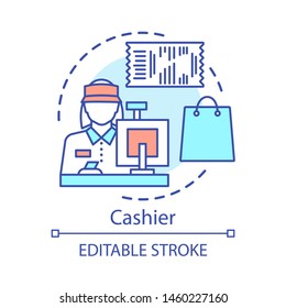 Cashier Concept Icon. Shop Employee Idea Thin Line Illustration. Retail Store Staff. Checkout Operator. Sales Clerk At Store. Seller, Saleswoman. Vector Isolated Outline Drawing. Editable Stroke