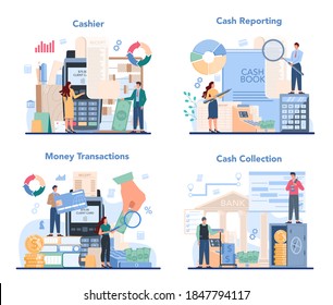 Cashier concept set. Worker behind the cashier counter in the supermarket, shop, store. Client service, money transaction. Cash reporting and calculations. Vector illustration