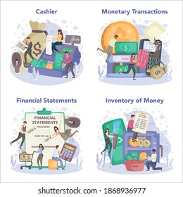 Cashier concept set. Worker behind the cashier counter in the supermarket, shop, store. Client service, payment operation. Cash accounting and calculations. Vector illustration