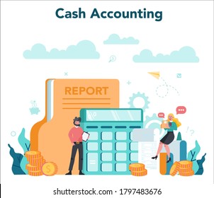 Cashier concept. Worker behind the cashier counter in the supermarket, shop, store. Client service, payment operation. Cash accounting and calculations. Vector illustration