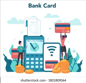 Concepto de cajero. Trabajador detrás del cajero en el supermercado, tienda, tienda. Servicio de cliente, operación de pago. Contabilidad y cálculos de efectivo. Ilustración del vector
