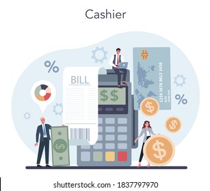Cashier concept. Worker behind the cashier counter in the supermarket, shop, store. Client service, payment operation. Cash accounting and calculations. Vector illustration