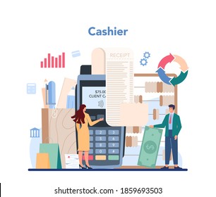 Cashier concept. Worker behind the cashier counter in the supermarket, shop, store. Client service, money transaction. Cash reporting and calculations. Vector illustration