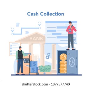 Concepto de cajero. Trabajador detrás del cajero en el supermercado, tienda, tienda. Servicio de cliente, transacción de dinero. Informes y cálculos de efectivo. Ilustración del vector