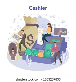 Cashier concept. Worker behind the cashier counter in the supermarket, shop, store. Client service, payment operation. Cash accounting and calculations. Vector illustration
