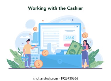Cashier concept. Worker behind the cashier counter in the supermarket, shop, store. Client service, payment operation. Cash accounting and calculations. Vector illustration