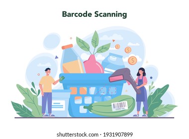 Cashier concept. Worker behind the cashier counter in the supermarket, shop, store. Client service, payment operation. Cash accounting and calculations. Vector illustration