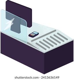 Cashier counter with protective glass shield and card payment terminal. Contactless payment at modern store checkout vector illustration