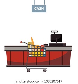 Cashier counter in the supermarket, shop, store with grocery cart full of groceries. Vector, illustration, cartoon style, isolated