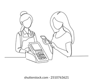  A cashier and a customer at a checkout counter. The cashier operates the register while the customer holds a payment card, ready to complete the transaction. Minimalistic line drawing style