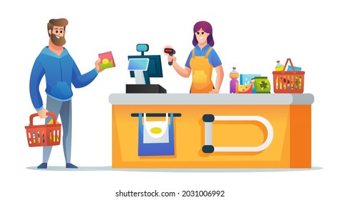 Cashier And Customer With Grocery Basket At Supermarket Checkout Counter Concept Illustration