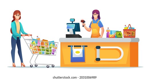Cashier and customer with grocery trolley and basket at supermarket checkout counter illustration