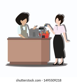 Cashier and customer at supermarket on white background. Vector illustration in cartoon style. 