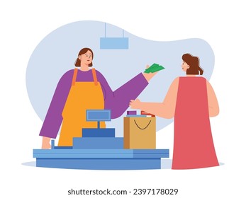 Las transacciones de cajeros y clientes usan dinero, comprando comestibles en el supermercado. Diseño de caracteres. Ilustración plana del vector