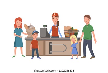 Cashier And Customers At The Cash Register In Convenience Store. Family Buying Food In Supermarket. Shopping. Flat Vector Illustration. Isolated On White Background.