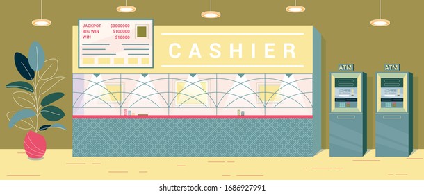 Cashier Desk for Exchanging Won Chip for Money. There Separate Cashier in Casino, Place Fenced with Wall, there Window for Cash Withdrawal. Automatic Machine can Make Exchange, Table with Big Win.