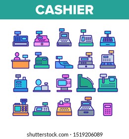 Cashier Equipment Collection Icons Set Vector Thin Line. Different Electronic Device Cashier Machine Register And Calculator Concept Linear Pictograms. Monochrome Contour Illustrations