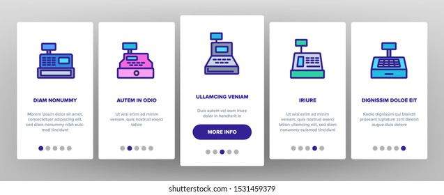 Cashier Equipment Onboarding Mobile App Page Screen Vector Thin Line. Different Electronic Device Cashier Machine Register And Calculator Linear Pictograms. Contour Illustrations