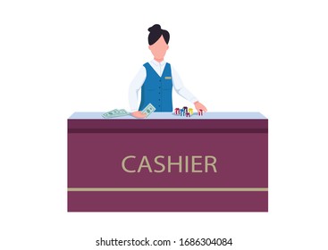 Kasse flache Vektorillustration gesichtsloser Charakter. Frauen in Uniform hinter dem Schreibtisch. Weibliche Mitarbeiter tauschen Chips gegen Geld aus. Personal-Schalter, um Bargeld zu erhalten. Casino-Theke einzeln auf Cartografik