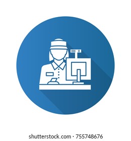 Cashier flat design long shadow glyph icon. Counter. Vector silhouette illustration