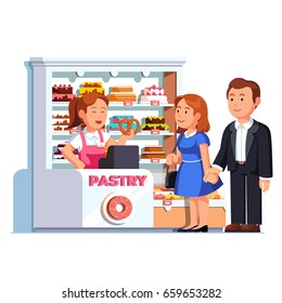 Cashier girl at pastry checkout counter serving buying customers man & woman. Showcase full of cakes and baked sweets. Local small retail business owner working. Flat vector isolated illustration.