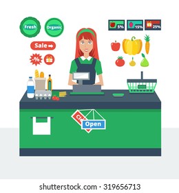 Cashier Girl Prepares Purchasing Supermarket Store Stock Vector ...