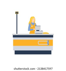 Cashier. A girl cashier stands behind the supermarket counter, selling groceries through the cash register. Cashier's uniform, chain supermarket. Vector flat illustration, cartoon style.