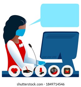 A cashier girl wearing a mask and protective gloves works in a service sector during a pandemic. The concept of helping people and selling goods during quarantine.