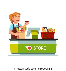 Cashier Girl Working At Grocery Store Checkout Counter. Sales Clerk Taking Out Goods From Shopping Food Basket, Ringing & Packing Paper Bag. Flat Style Vector Illustration Isolated On White Background