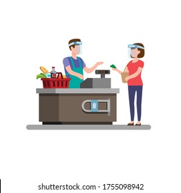 Cashier Groceries Store wear Face Shield, Woman Shopping Activities in New Normal After Concept in flat illustration Vector