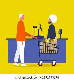 Cashier. Grocery store. A client buying groceries at the supermarket register counter. Daily life. Flat editable vector illustration, clip art