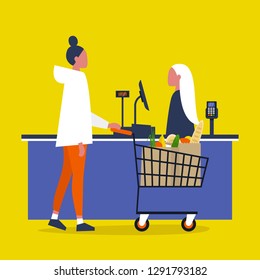 Cashier. Grocery store. A client buying groceries at the supermarket register counter. Daily life. Flat editable vector illustration, clip art