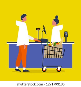 Cashier. Grocery store. A client buying groceries at the supermarket register counter. Daily life. Flat editable vector illustration, clip art