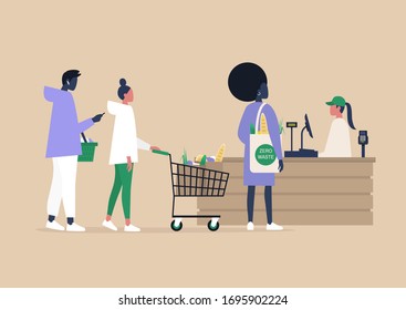 Cashier at the Grocery store, A line of clients buying groceries at the supermarket register counter, Daily life