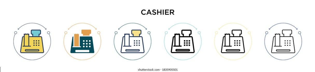 Cashier icon in filled, thin line, outline and stroke style. Vector illustration of two colored and black cashier vector icons designs can be used for mobile, ui, web
