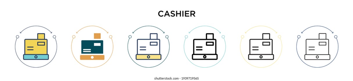 Cashier icon in filled, thin line, outline and stroke style. Vector illustration of two colored and black cashier vector icons designs can be used for mobile, ui, web
