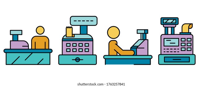 Cashier icon set. Outline set of cashier vector icons thin line color flat isolated on white