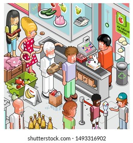 Cashier in a large convenience store, people with goods waiting in queue (isometric view, vector illustration)