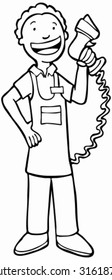 Cashier Line Art : Man With Barcode Scanner Gun.