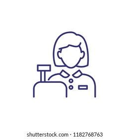 Cashier line icon. Woman and cash register. Occupation concept. Can be used for topics like hypermarket, retail service, payment