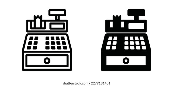 Cashier machine icon. Cash register icons. Teller, counter, checker, paymaster sign symbol in line and flat style. Vector illustration