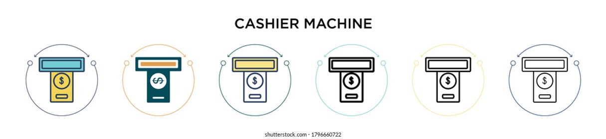 Kassenautomatensymbol in voller, dünner Linie, Umriss- und Strichform. Vektorgrafik von zwei farbigen und schwarzen Vektorgrafik-Symbolen für Kassenautomaten für mobile, iPhone-, web-gestützte