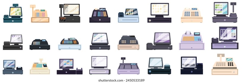 Cashier machine icons set cartoon vector. Small payment. Terminal scanner