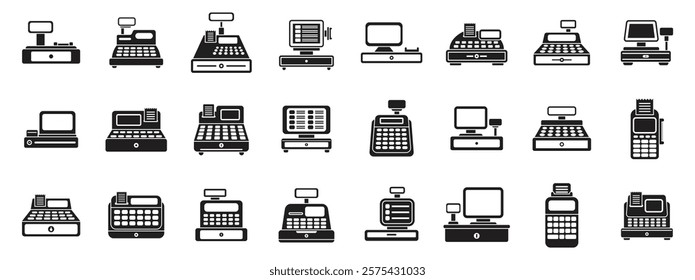 Cashier machine icons set. Collection of cash register icons showcasing various pos systems for efficient retail transactions