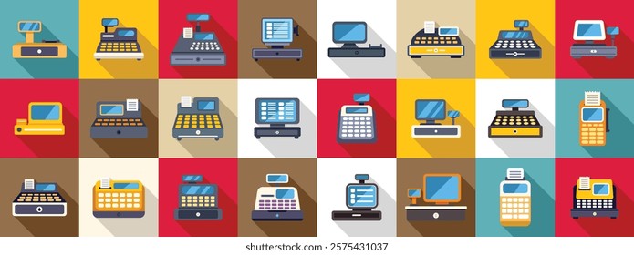 Cashier machine icons set. Colorful cash register icons representing various point of sale - pos - systems for retail businesses