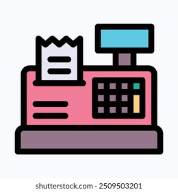 Cashier Machine Vector Icon, Cash Register, Teller, Counter, Checker, Paymaster Icon. Isolated Lineal Color Vector Icon.